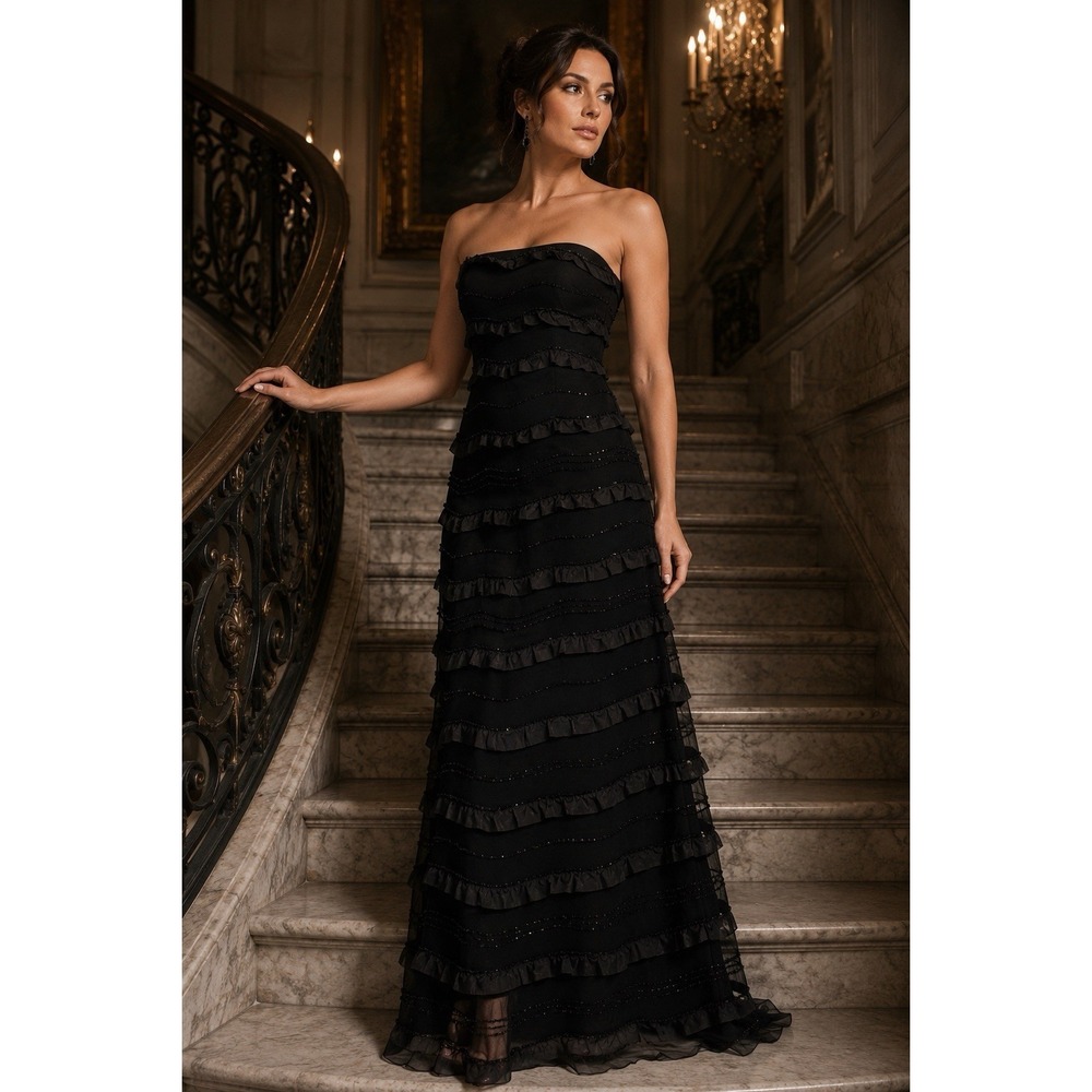 Jessica McClintock Black Strapless Ruffle Gown Formal Wedding Goth Evening Sz 12